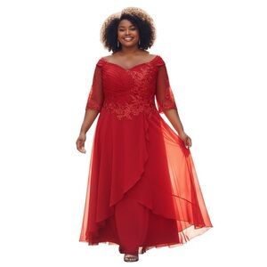 Red Chiffon Off Shoulder 3/4 length sleeve Floral Appliqué Dress Sz 22W NWT